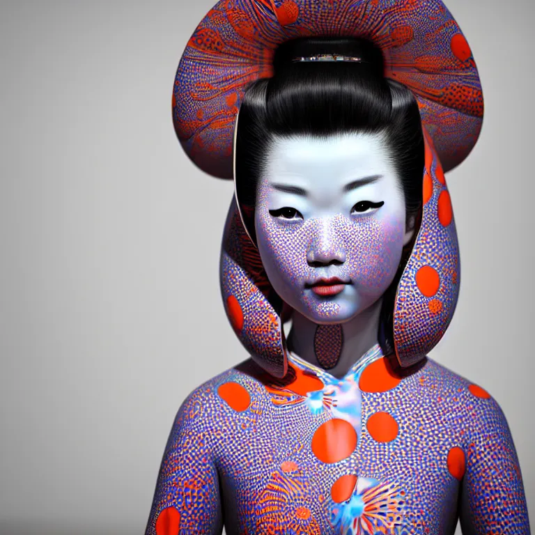 Image similar to hyperrealistic detailed image of a geisha in a art installation room, hd smooth interior by yayoi kusama, part by kei mieno, part by ross tran, dark art by james jean, ultra realistic, highly detailed, life like face, detailed body, 8 k, 3 d render by roger magrini, very cohesive, masterpiece