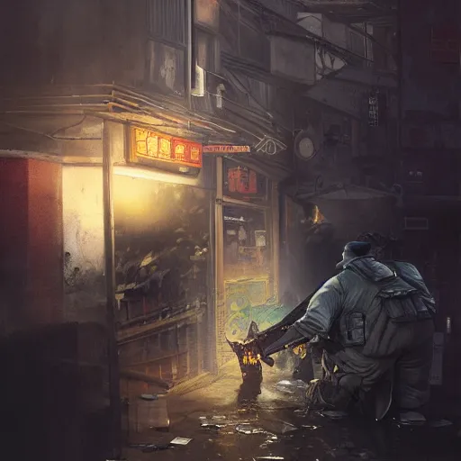 Prompt: a chain smoking frog cop, beating criminals to a pulp on the dirty streets of tokyo, highly detailed, digital painting, artstation, concept art, smooth, sharp focus, 8k, photorealistic, 25mm f/1.7 ASPH Lens, ultra realistic steampunk illustration, art by greg rutkowski and alphonse mucha