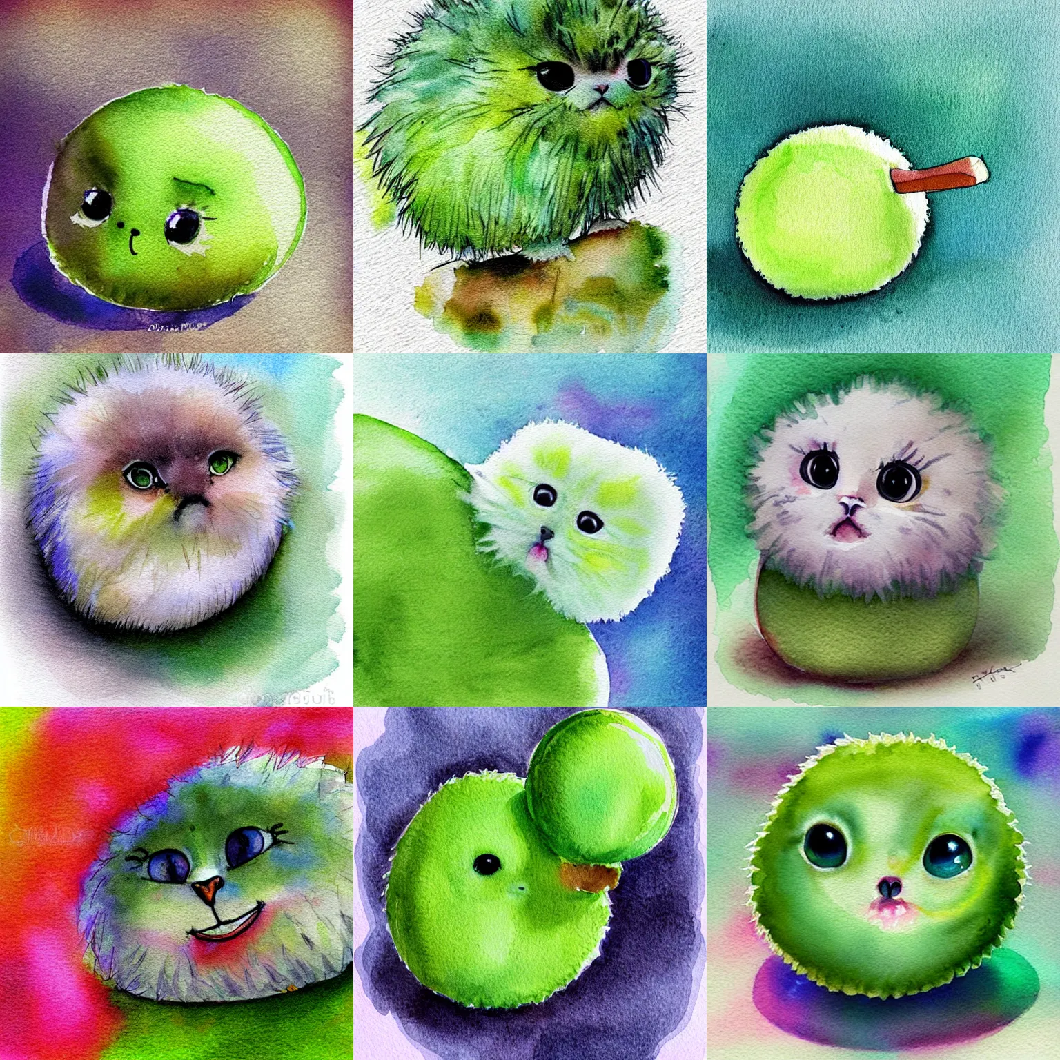 Prompt: lime colored cute puff ball with adorable face, beautiful watercolor illustration, digital art