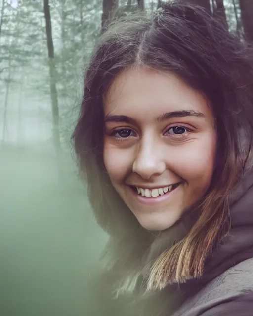 Prompt: a double exposure of a beautiful extreme close up side view portrait of a smiling young woman looking down, with a landscape photo of an autumn misty morning forest, forest trail, lake, dappled light, sun rays, green and brown tones