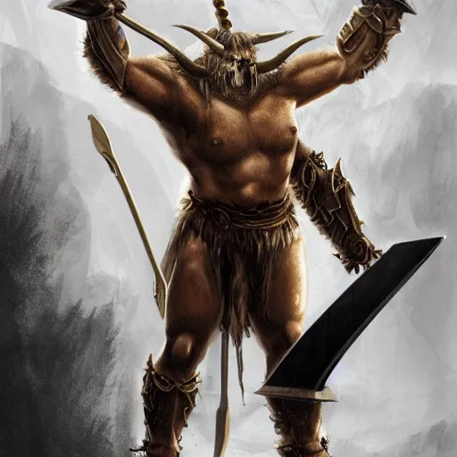 Prompt: Giant minotaur humanoid beast warrior with two handed axe, concept art, heavy white and golden armor, giant horns, full body, muscular, dungeons and dragons, hyperrealism, high details, digital painting, dark fantasy,