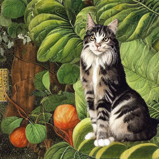 Image similar to a reneissance painting of a maincoon cat among big green leaves, very detailed, in the style of mantegna