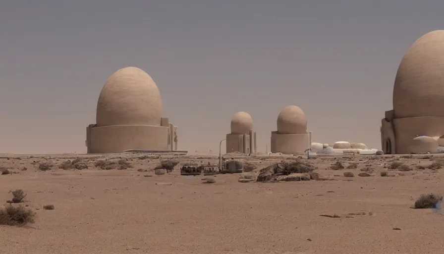 Prompt: mos eisley spaceport in a dust storm with strange skeletal domed buildings designed by hr giger