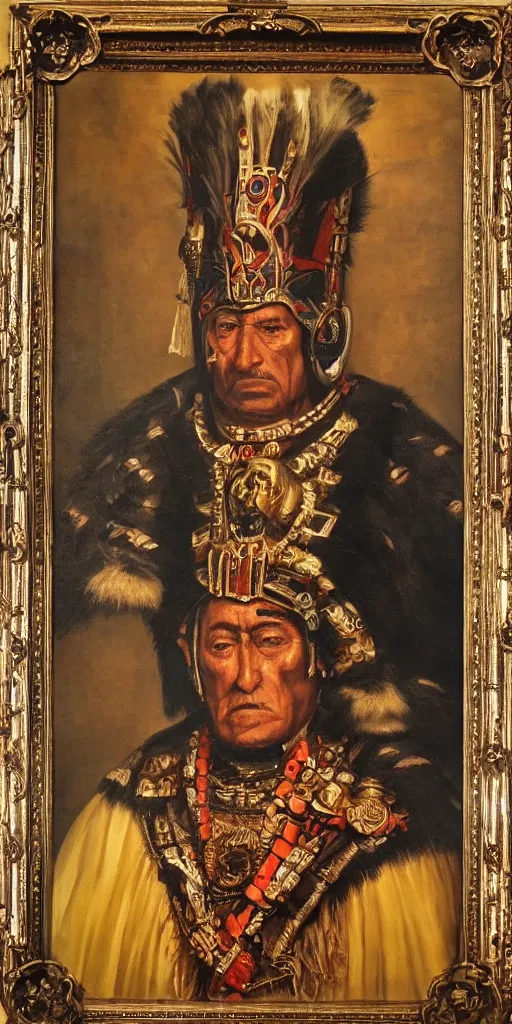 Image similar to Highly detailed and cinematic Renaissance period portrait oil painting of the Aztec emperor Montezuma!! an oil painting ((masterpiece)) by ((Josep Tapiró Baró)), dynamic lighting, 8K, Aztec!!