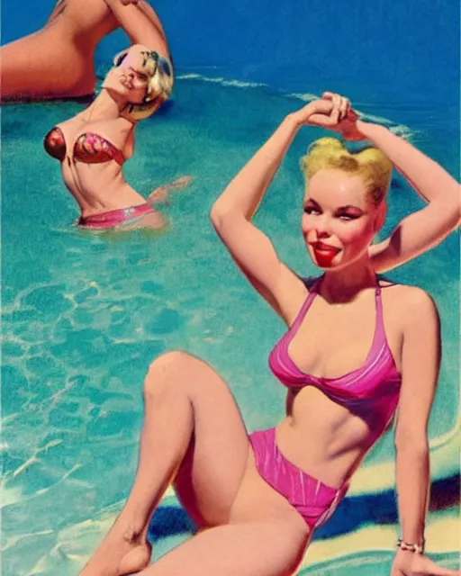 Image similar to tuesday weld in a pink bikini, tuesday weld half immersed in water in a palm springs midcentury swimming pool by gil elvgren, by mort kunstler, by basil gogos