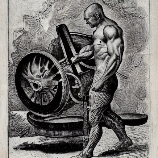 Image similar to a muscular bald man carrying engines on his back, technical diagram, diesel engine, gasoline engine, combustion engine