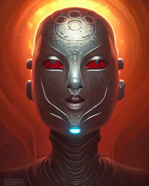 Image similar to professional ominous concept art portrait of a robot character with a flat metallic mandala face by artgerm and greg rutkowski. an intricate, elegant, highly detailed digital painting, concept art, smooth, sharp focus, illustration, in the style of simon stalenhag, wayne barlowe, and igor kieryluk.