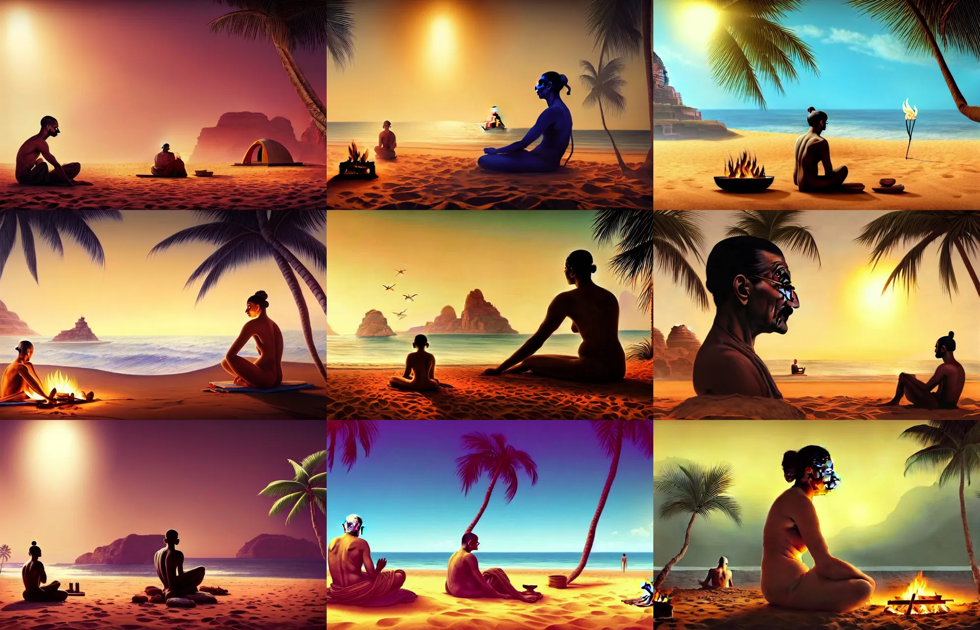 Prompt: side profile centred painted portrait, gandhi at the beach sitting on the sand next to a campfire with palm trees in the back, gloomhaven, matte painting concept art, art nouveau, beautifully backlit, swirly vibrant color lines, fantastically gaudy, aesthetic octane render, 8 k hd resolution, hyperrealistic, focused, extreme details, masterpiece