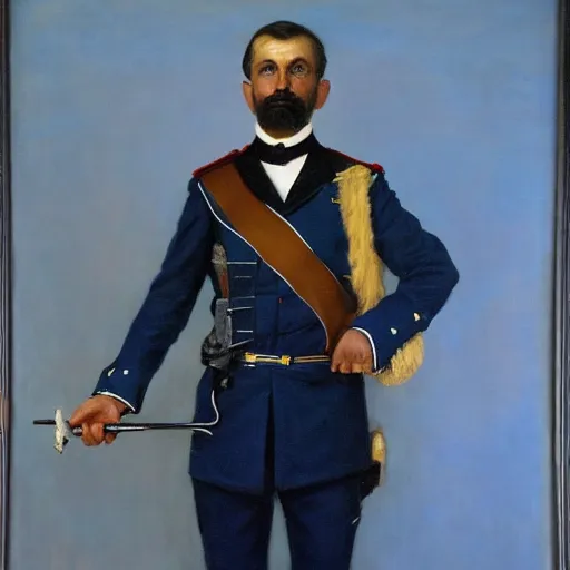 Image similar to full body portrait of the dictator of the orlando magic, 1 8 8 9, in full military garb, magic blue, silver, and black, oil on canvas by william sidney mount, trending on artstation