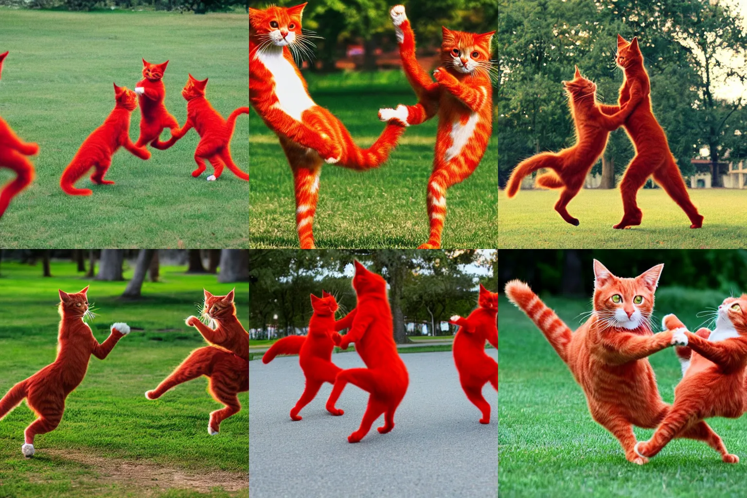 Prompt: red cats dancing around a park