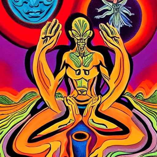 Image similar to a beautiful painting of an alien meditating in front of a giant black power fist in the center, worshipped by aliens dancing in lava fields by victor moscoso