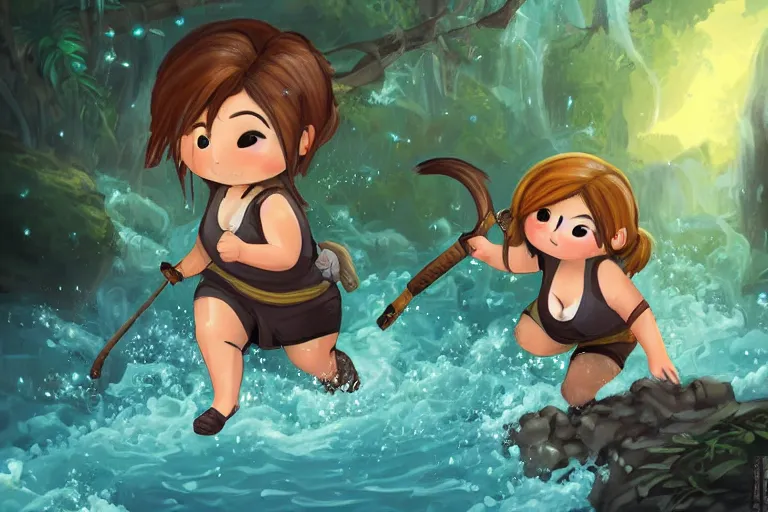 Image similar to wide shot of obese Chibi derpy Lara Croft climbing out of a roaring ancient river, fireflies by Lilia Alvarado