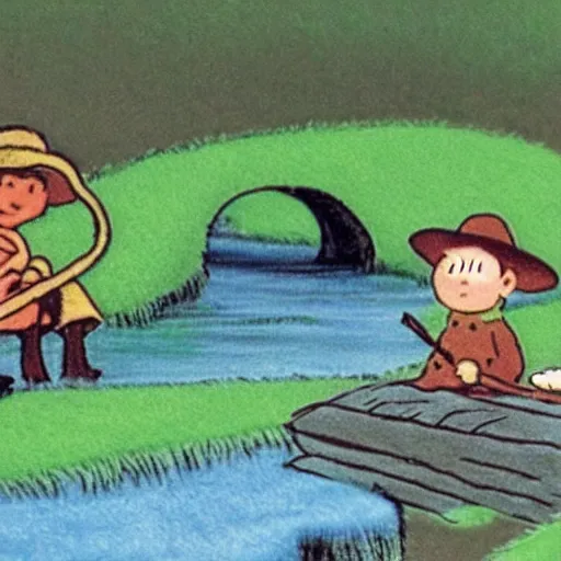 Snufkin and Moomin are sitting on a bridge over a, Stable Diffusion