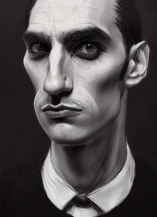 Image similar to portrait of a man with a broad face and a crooked nose and a confident expression, 1 9 6 0 s, black clothes, goth, punk, funk, intricate, elegant, highly detailed, digital painting, artstation, concept art, smooth, sharp focus, illustration, art by wlop, mars ravelo and greg rutkowski