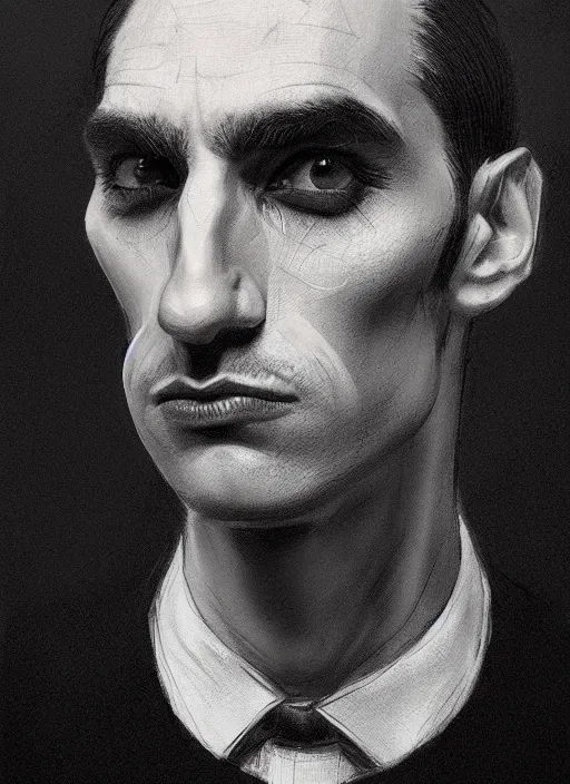 Prompt: portrait of a man with a broad face and a crooked nose and a confident expression, 1 9 6 0 s, black clothes, goth, punk, funk, intricate, elegant, highly detailed, digital painting, artstation, concept art, smooth, sharp focus, illustration, art by wlop, mars ravelo and greg rutkowski