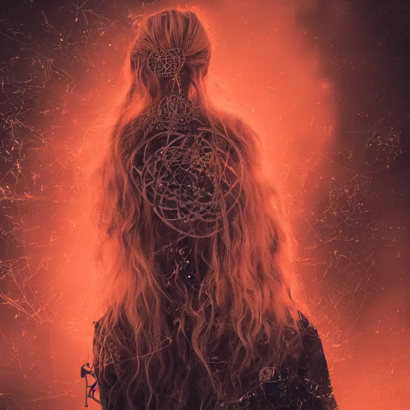 Image similar to closeup portrait of a beautiful guard with wavy blonde hair seen from the back in front of a dystopian (orange fog) merkabah flower of life cyberpunk ultra realistic 4K