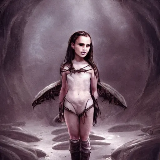 Prompt: a beautiful little girl standing on a lot of skulls, sadness, natalie portman, pigtails hairstyle, dark fantasy, high detailed, concept art, sharp focus, illustration