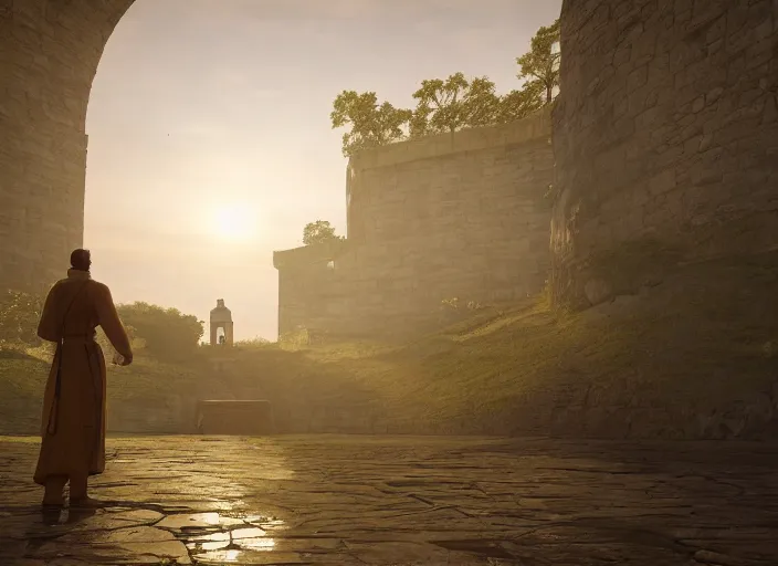 Image similar to a land ruins with a fort in the middle, golden pillars, water tunnels below and a time gate to another dimension, a wounded man wearing a white robe standing watching over, dramatic lighting, dawn, by caspar david friedrich, unreal engine 5