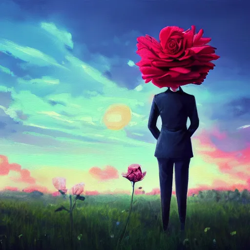 Image similar to closeup, giant rose flower head, frontal, girl in a suit, surreal photography, sunrise, blue sky, dramatic light, impressionist painting, digital painting, artstation, simon stalenhag