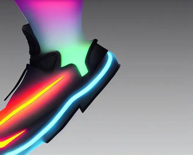 Image similar to A 3D concept desing of futuristic nike sneakers with neon lights from below, unreal engine 5