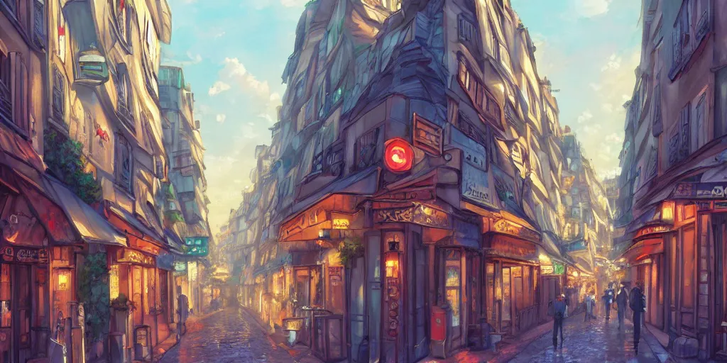 Prompt: a parisian street, a street in paris, ultra high quality, 4 k, by miyazaki and makoto shinkai, anime screenshot, colorful, artstation, pixiv,