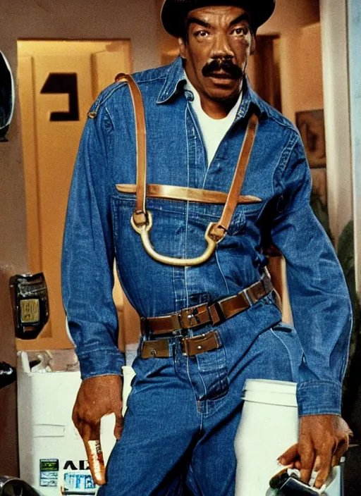 Image similar to an 8 0's john alvin action movie poster starring eddie murphy face as a plumber to rich people. bathroom. overalls. tool belt. the movie is called beverly hills crap