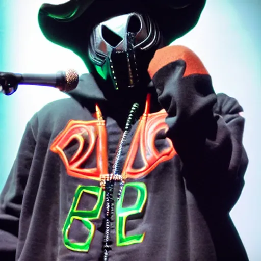 Image similar to rapper mf doom performing madvillany on stage