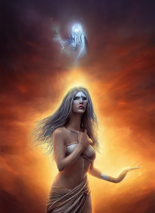 Prompt: biblical hell beautiful female android, shiva, storm, glowing veins, in clouds, sunset, portrait, by peter elson, by lise deharme, muted colors, extreme detail, reflections, trending on artstation, 8 k