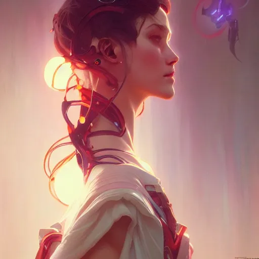 Image similar to a beautiful painting of synthetic love, by Greg rutkowski and artgerm and Alphonse Mucha, octane render, trending on artstation