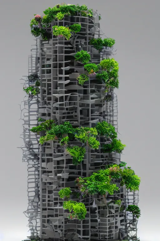 Image similar to 3 d printed physical model organic flowy including more than one city into one vertical building model that sits on a table in a room with a view back, multiple stories, transparent, with vegetation, colorful, eye - level view, 8 0 k, octane render, highly detailed 3 d render,