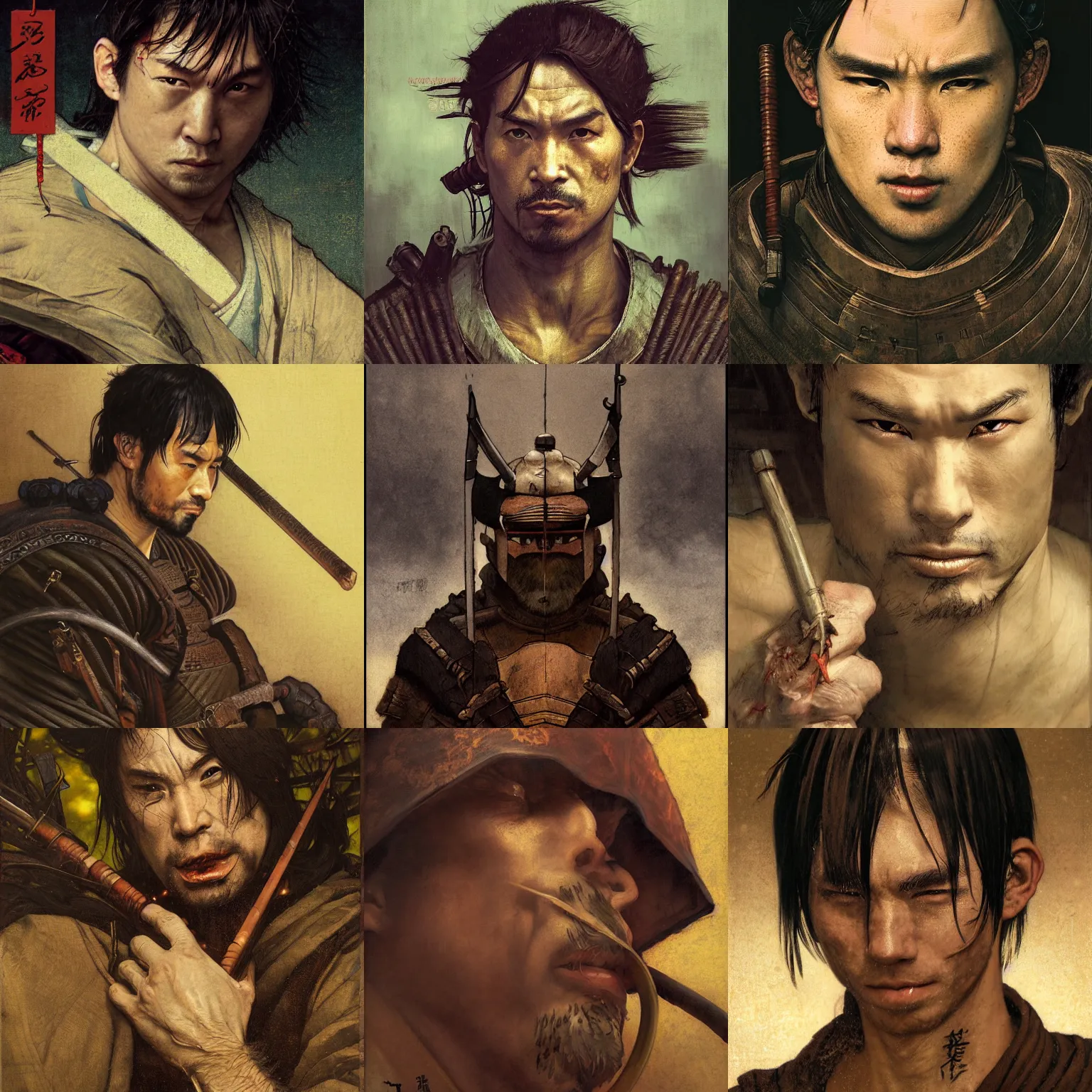 Prompt: The close macro shot portrait of ronin, medieval japan, male, musculine, brutal, dangerous, deadly, dark tone, late evening, pale colors, by Stanley Artgerm Lau, greg rutkowski, thomas kindkade, alphonse mucha, loish, norman Rockwell