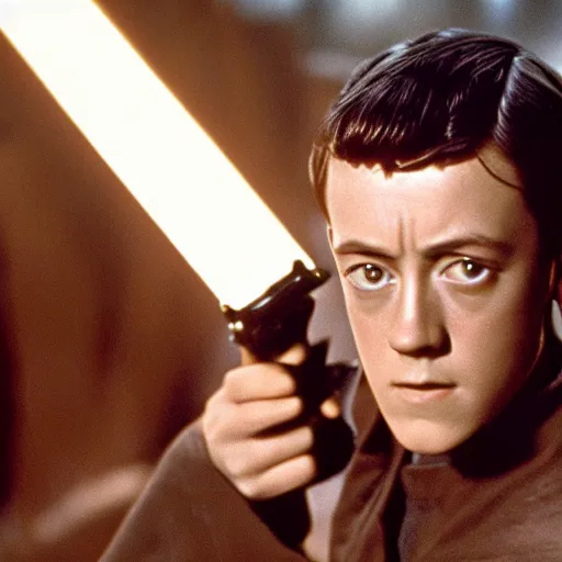 Prompt: film still of young alec guiness as a jedi in new star wars movie, dramatic lighting, highley detailled face,