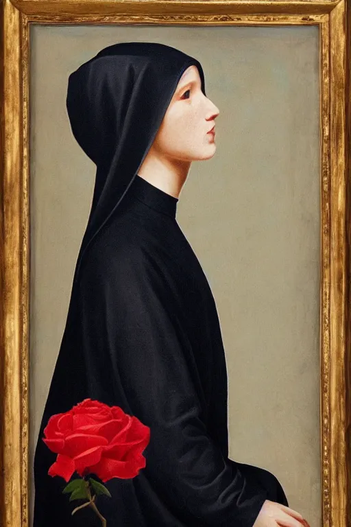 Prompt: portrait of nun in red blue paint, black roses in hair, in style of classicism and hyperrealism