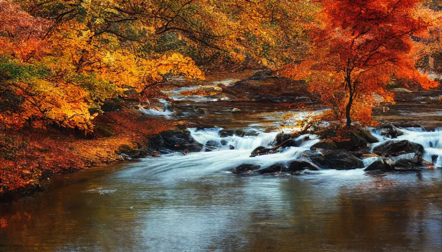 Image similar to a beautiful woman turning into a peaceful river, it's autumn and a gentle breeze is moving leaves around, cinematic lighting, establishing shot, art station