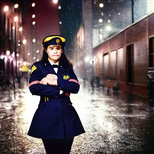 Image similar to night flash portrait photography of a high school girl in uniform on the lower east side by annie leibovitz, colorful, nighttime!, raining!