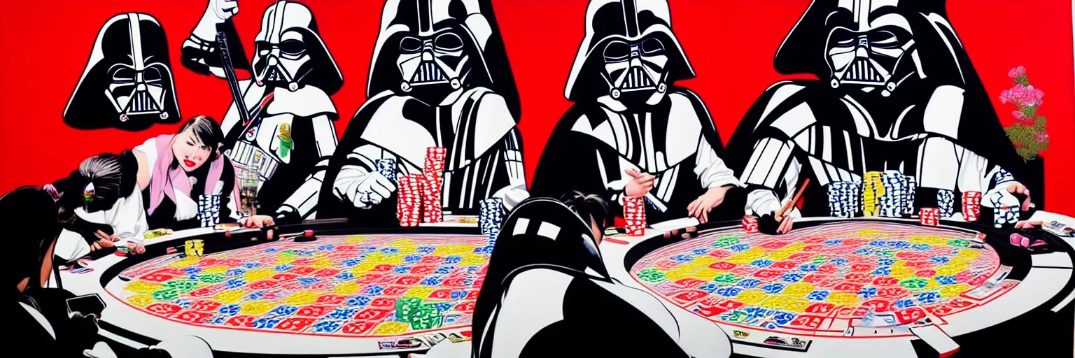 Image similar to hyperrealism composition of the detailed woman in a japanese kimono sitting at an extremely detailed poker table with darth vader and stormtrooper, fireworks on the background, pop - art style, jacky tsai style, andy warhol style, acrylic on canvas