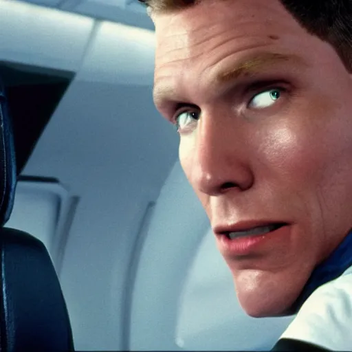 Image similar to Live Action Still of Jerma985 in Airplane!, real life, hyperrealistic, ultra realistic, realistic, highly detailed, epic, HD quality, 8k resolution, body and headshot, film still