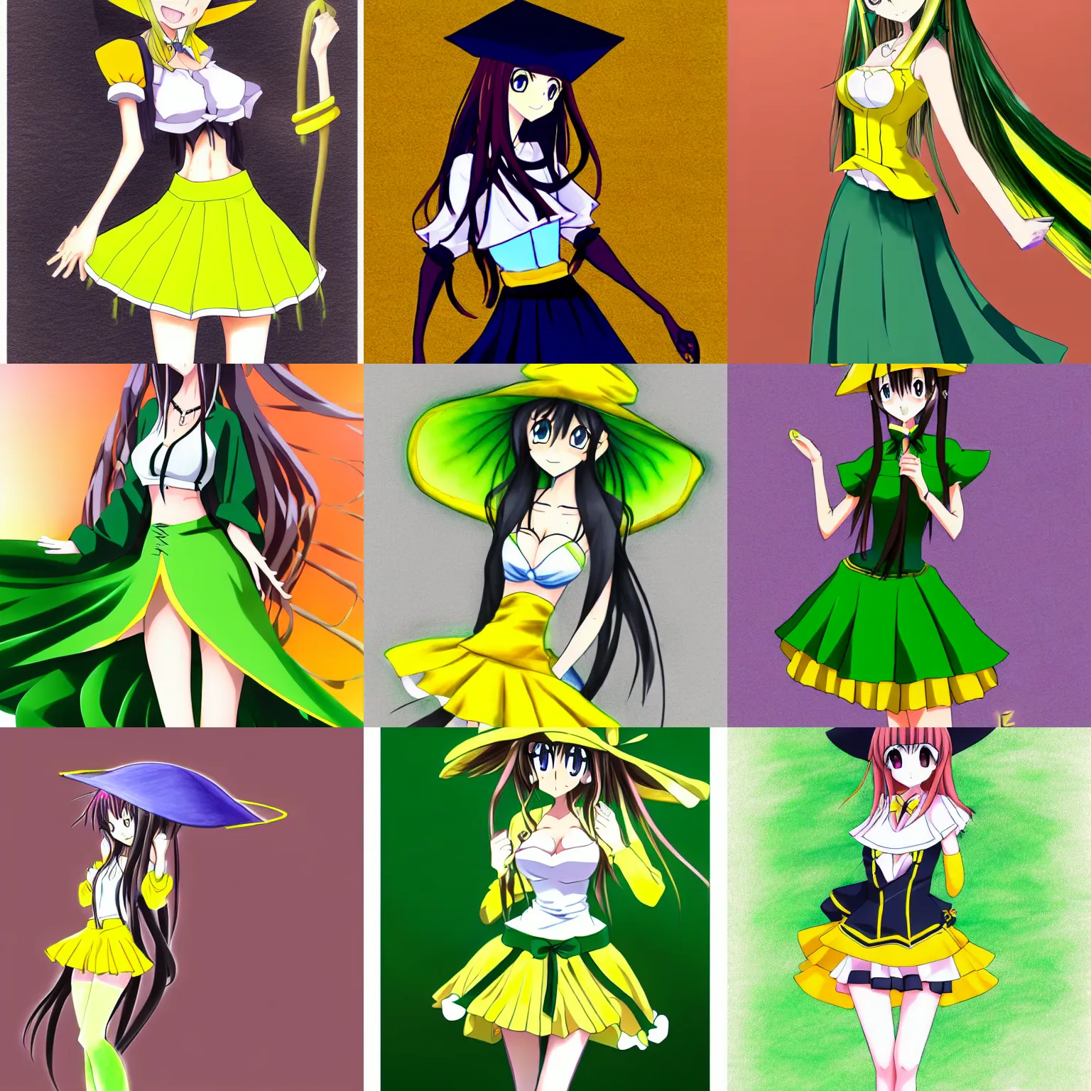 Prompt: a drawing of a gorgeous anime girl wearing a long green skirt and a yellow hat, in the style of highschool dxd