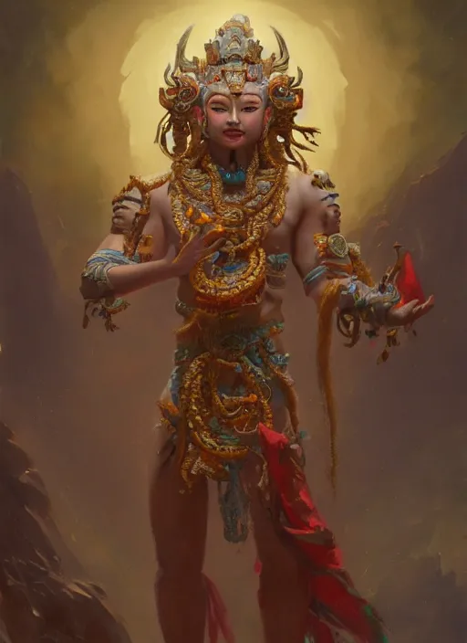 Prompt: Gigantic Deity with 8 arms and aztec accessories and translucent amulets, extremly detailed oil painting, in the style of Fenghua Zhong and Ruan Jia and Jeremy Lipking, rim light, beautiful lighting, mystic, 8k, stunning scene, raytracing, octane, trending on artstation