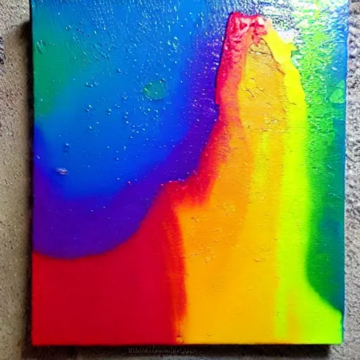 Prompt: a pour painting, rainbow colors, abstract, thick paint, chunky paint, glossy, resin coated