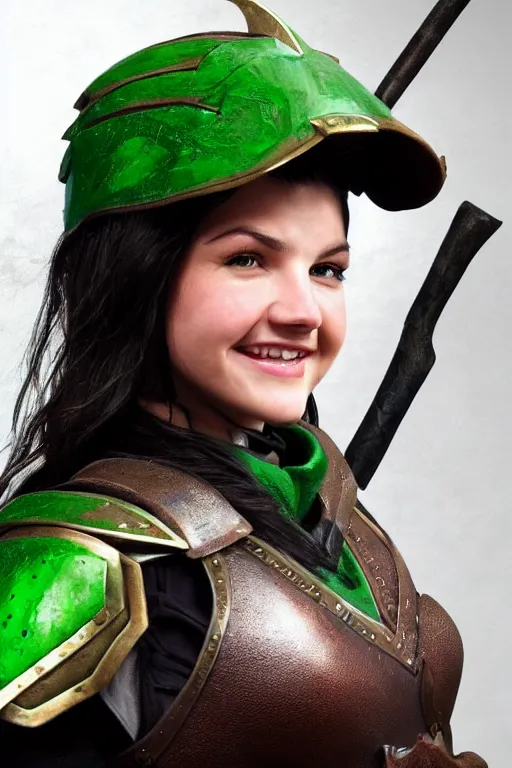 Prompt: fantasy character photo, live action. female ranger. danielle campbell. manic grin, yandere. tall, lanky, athletic, wiry. brown & dark forestgreen leather armor. small tilted lightgreen feathered cap worn at jaunty angle. black hair in ponytail. bright blue eyes.