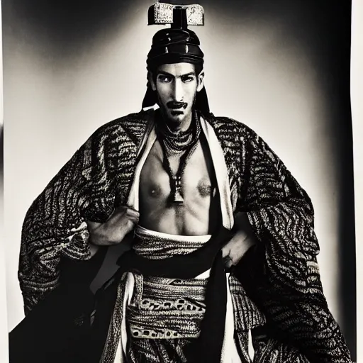 Image similar to A Moroccan samurai, portrait, by Richard Avedon, Derek Ridgers, Mert and Marcus