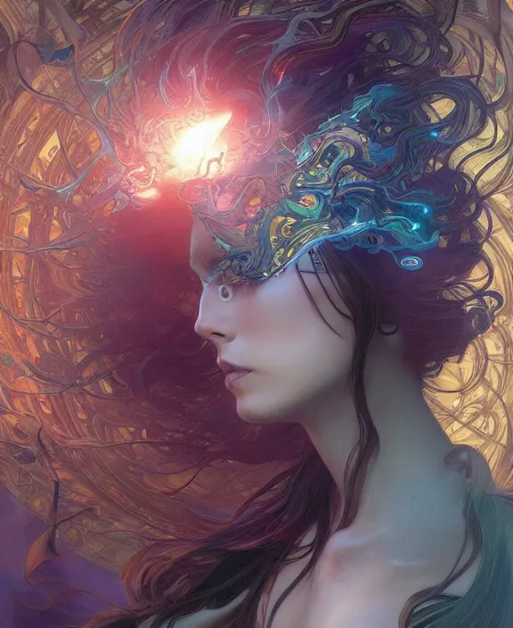 Image similar to a whirlwind of souls ushing inside the metaverse, half body, glowin eyes, d d, fantasy, intricate, elegant, highly detailed, colorful, vivid color, digital painting, artstation, concept art, art by artgerm and greg rutkowski and alphonse mucha and ruan jia