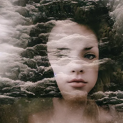 Image similar to girl head and landscape double exposure photography
