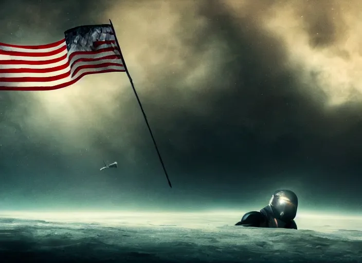 Image similar to astronaut holding a flag in an underwater desert. a submarine is visible in the distance. dark, concept art, cinematic, dramatic, atmospheric, 8 k, trending on artstation, blue, fish, low visibility, fog, ocean floor, christopher nolan, interstellar