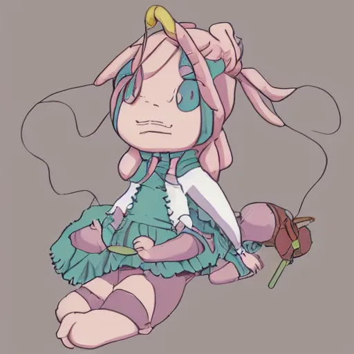 Image similar to little girl, bunny suit, artwork in made in abyss art style, inspired in balthus, clean details, baby color palette, candy, anatomically proportional