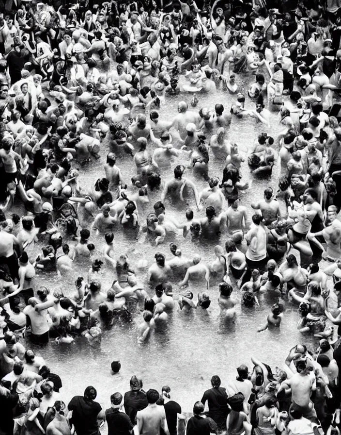 Prompt: “ a mob of angry people stuck in a small square swimming pool ”