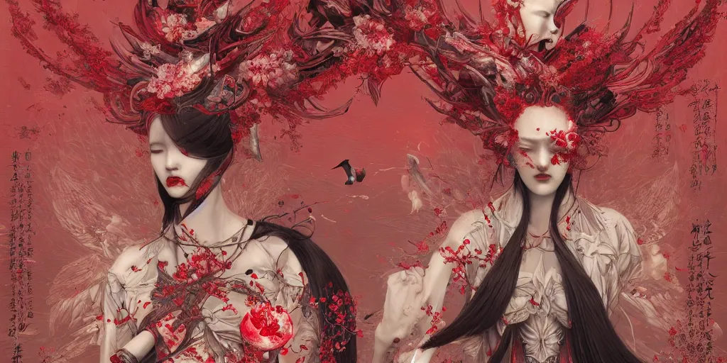 Image similar to breathtaking detailed red gardian mao dictature cyberpunk death heall concept art painting art deco pattern of birds goddesses amalmation flowers, by hsiao ron cheng, tetsuya ichida, bizarre compositions, exquisite detail, extremely moody lighting, 8 k, art nouveau, old chines painting