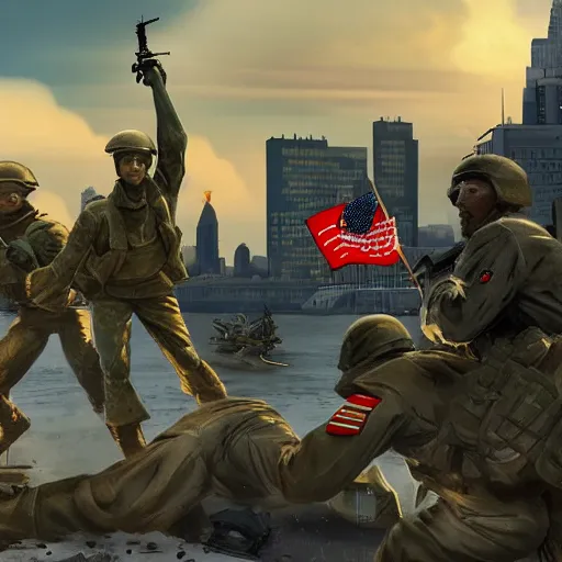 Image similar to The war between the Soviet Union and America, the action takes place in New York, far away against the background of the Statue of Liberty, a lot of soldiers and military equipment, a lot of explosions and tracer bullets, a lot of ruins, a very epic battle, Retro futurism art