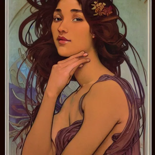 Image similar to upper body portrait, brown skinned woman, artgerm, alphonse mucha